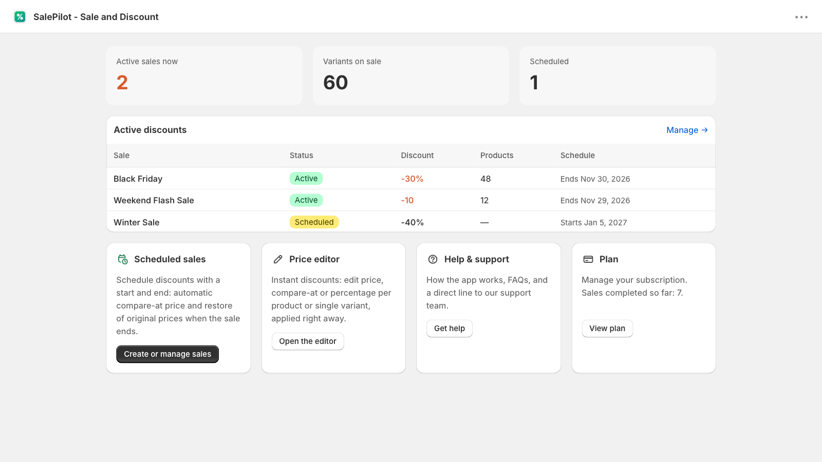 SalePilot dashboard with active and upcoming sales